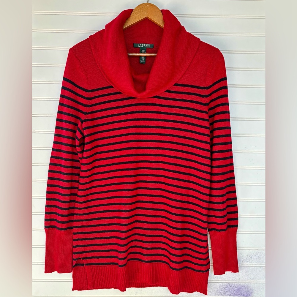 Ralph Lauren Women's Red and Black Striped Cowl Neck Sweater